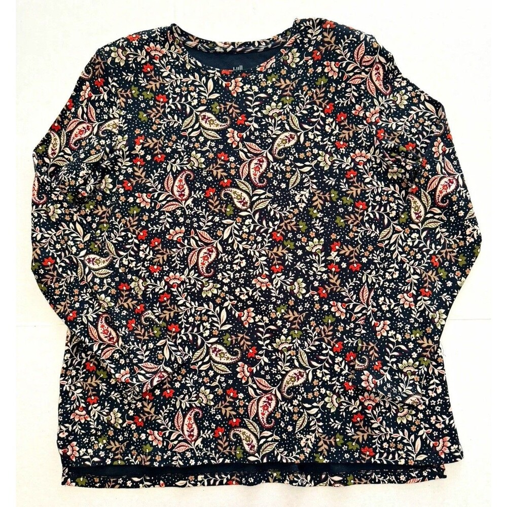 J.Jill Women’s Pima Cotton Knit Crew Neck High-Low Tee Black Floral L Artisan